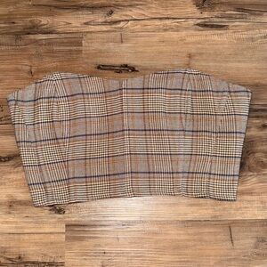 REVOLVE L'Academie Checkered Strapless Top in Brown and Tan